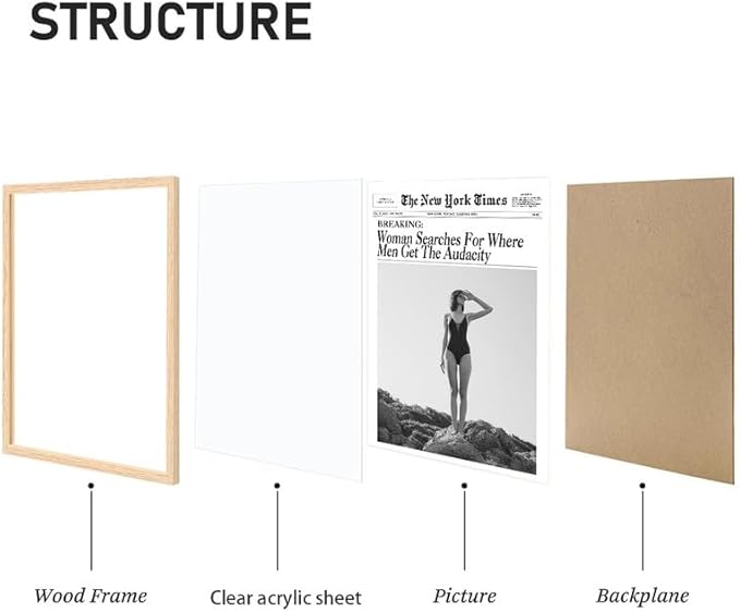 Bwodke OAK Wood Framed Wall Art Woman Searches For Where Men Get The Audacity Canvas Art Vintage Newspaper Pictures Wall Decor Trendy Retro Magazine Prints for Girly Dorm Bedroom 8"x10"