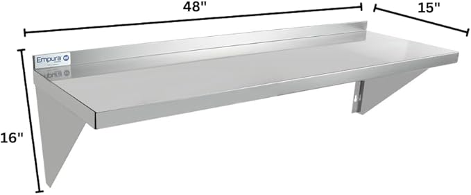 Empura 15" x 48" Stainless Steel Wall Mount Shelf with Backsplash | Commercial Floating Hanging Storage Organizer for Kitchen Laundry Utility Room | 48"W x 15"D x 16"H, 345 lb Capacity, 18 Gauge, NSF