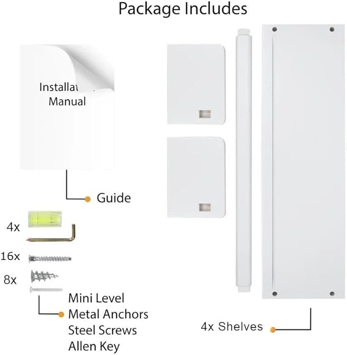 Onlysky Set of 4 Wall-Mounted Kid's Bookshelf - White Floating Nursery Book Shelves - Durable Wood Construction - Ideal for Nursery Decor, Kids Room, Toy Storage