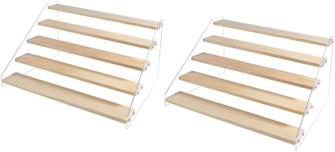 2 Pack 5 Tier Acrylic Display Stand for Figures Wooden Risers Display Case for Craft Fair Acrylic Cupcake Stand for Dessert Table Top Jewelry Displays for Craft Shows Perfume Shelf (SMALL)