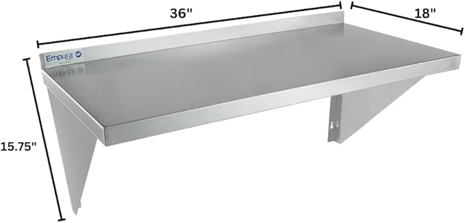 Empura 18" x 36" Stainless Steel Wall Mount Shelf with Backsplash | Commercial Floating Hanging Storage Organizer for Kitchen Laundry Utility | 36"W x 18"D x 15.75"H, 340 lb Capacity, 16 Gauge, NSF