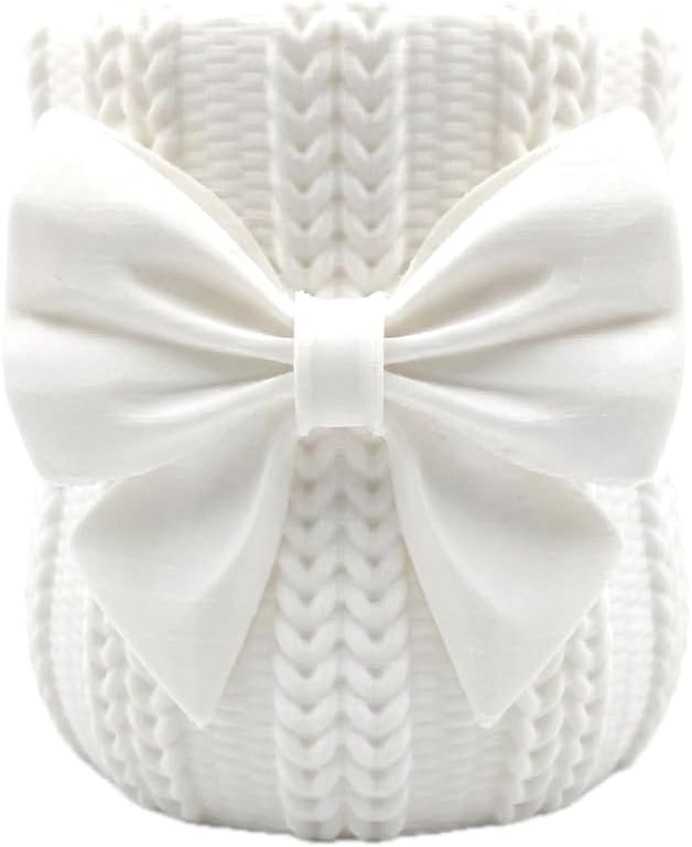 Knitted Bowknot Makeup Brush Holder, Cute Bow Vase, Pen Organizer for Kitchen, Bathroom or Office (White)