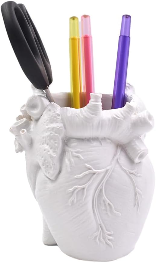Small Human Heart Organ Shape Pen Holder Home Office Desk Storage Resin Decor, Makeup Brush Holder, 4.1" x 3.5", White
