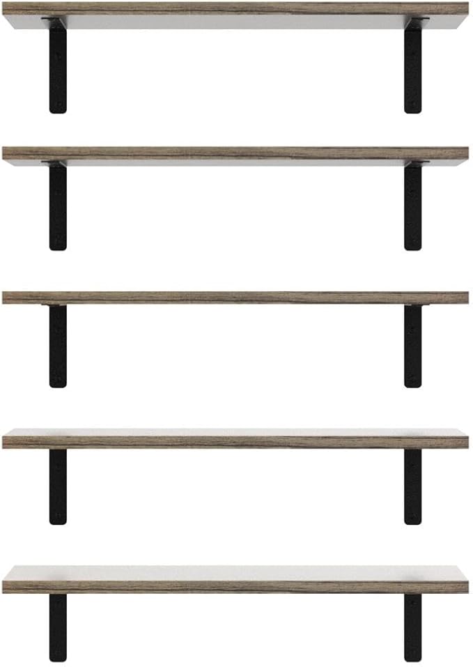 RICHER HOUSE Rustic Wood Bathroom Shelves Set of 5, Farmhouse Style Floating Shelf for Wall Décor, Hanging Shelves for Bedroom, Storage, Kitchen, Living Room - Gray