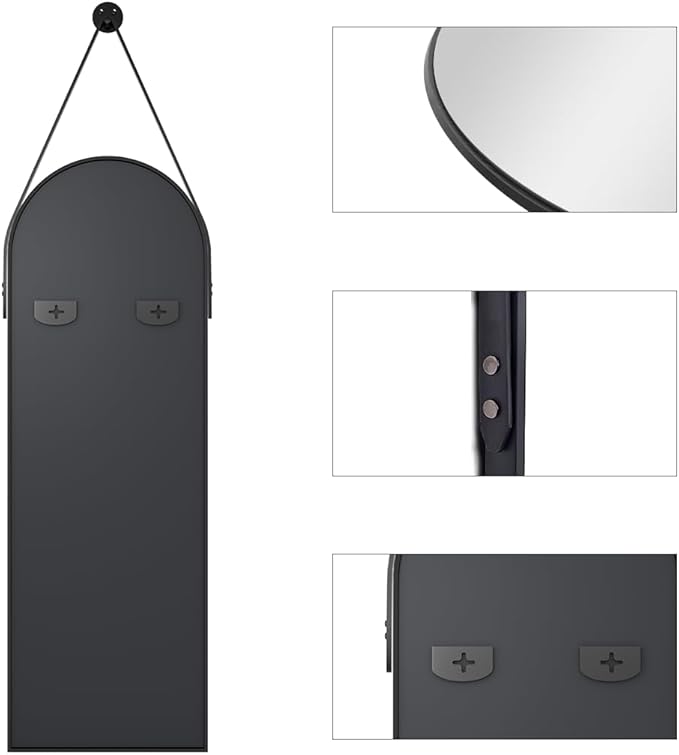 OGCAU 16''x48'' Arched Full Length Mirror for Wall, Full Body Arched-Top Hanging Mirror or Wall Mounted in Bedroom, Living Room, Aluminum Alloy Frame with Straps (Black)