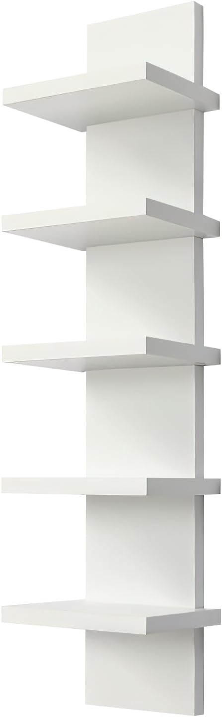 5 Tier Wall Shelf Unit - Narrow Smooth Laminate Finish - Vertical Column Wall Decor Mount Floating Storage Home Decor Organizer Tall Tower Utility Shelf for Bedrooms, Living Rooms(White)