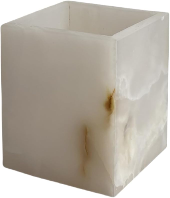Natural Marble Stone Square Storage Container Empty Vessel Holder Cup for Candle/Pens/Sundries items (White Onyx)