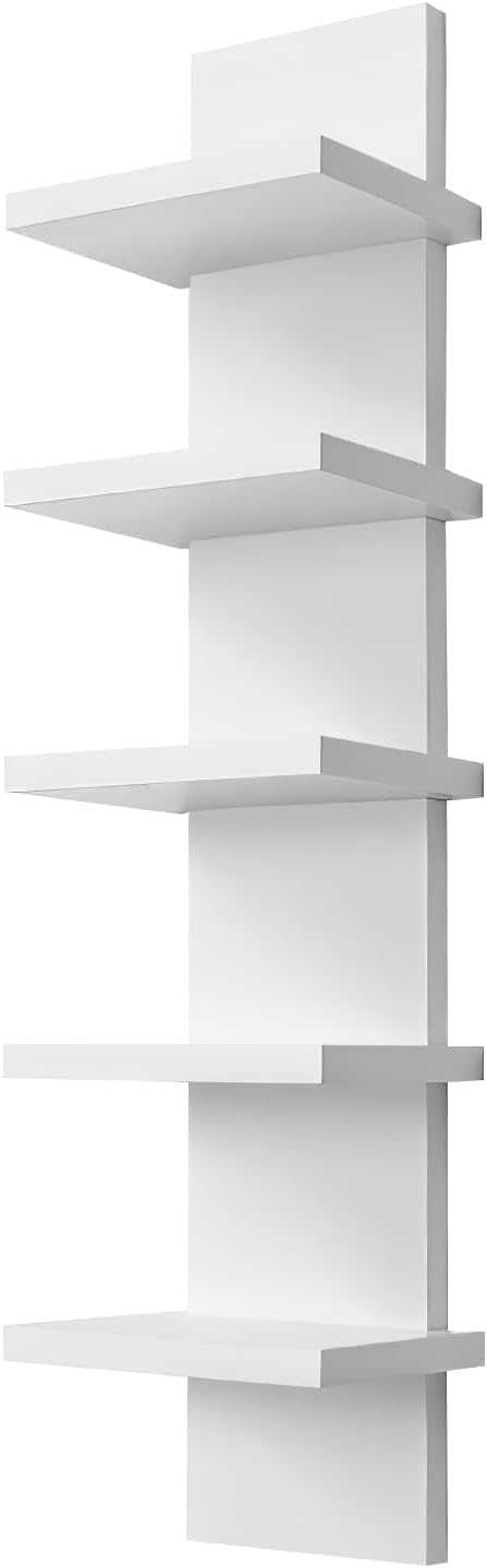 5 Tier Wall Shelf Unit - Narrow Smooth Laminate Finish - Vertical Column Wall Decor Mount Floating Storage Home Decor Organizer Tall Tower Utility Shelf for Bedrooms, Living Rooms(White)