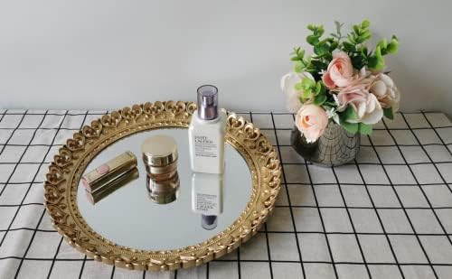 YANIZU Decorative Mirror Tray, Round Hollowed Out Design, Organizer for Makeup, Jewelry, Perfume, Vintage Display and Serving Tray for Dresser, Counter and Coffee Table, 12inchesX 12inches, Gold
