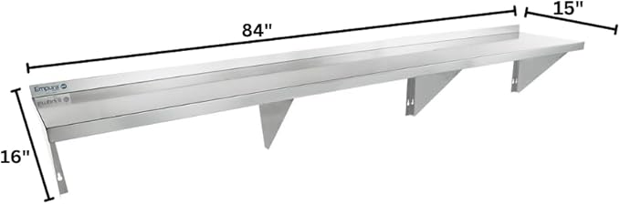 Empura 15" x 84" Stainless Steel Wall Mount Shelf with Backsplash | Commercial Floating Hanging Storage Organizer for Kitchen Laundry Utility Room | 84"W x 15"D x 16"H, 505 lb Capacity, 18 Gauge, NSF