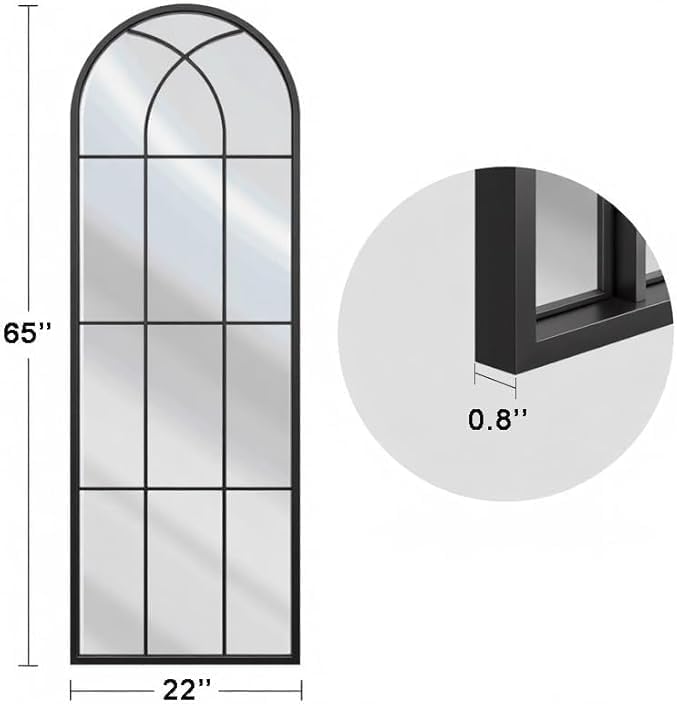 Rowjut Black Arched Wall Mirror 56“ x 22”,Wall Decorative & Window Mirror with Iron Framed Window Pane Inspiration, Ideal for Foyer, Living Room, Bedroom & Fireplace to Create a Cozy Home!