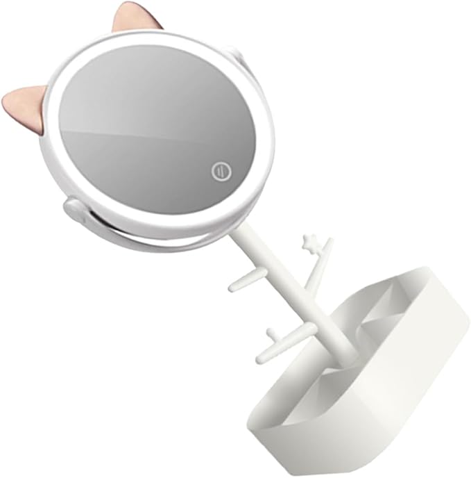 NOLITOY Smart Dimming LED Makeup Mirror with Desktop Storage, Swivel Tabletop Vanity Mirror with Rechargeable Touch Control, Small White Cat Organizer for Makeup Supplies