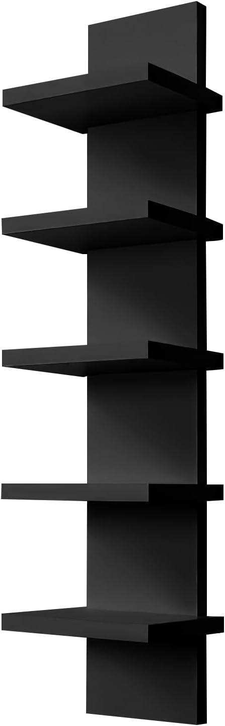 5 Tier Wall Shelf Unit - Narrow Smooth Laminate Finish - Vertical Column Wall Decor Mount Floating Storage Home Decor Organizer Tall Tower Utility Shelf for Bedrooms, Living Rooms(Black)