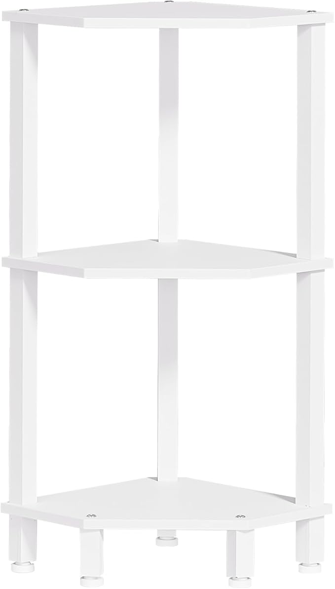 YUFAM 3-Tier Corner Shelf with Sturdy 5-Leg Base, 30in Tall Narrow Bookcase for Small Spaces, Wooden Plant Display Shelf, Thin Bookshelf for Living Room, Bedroom, Office, White