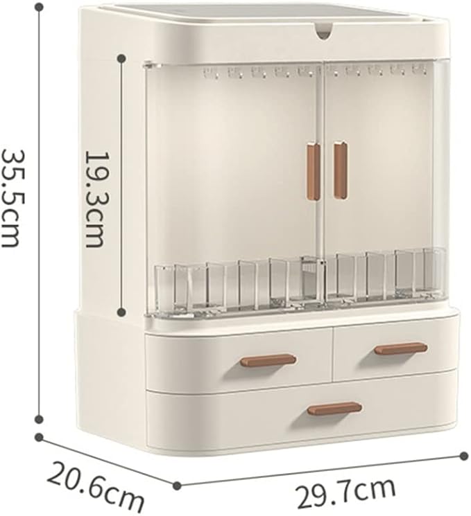 Storage Box with Mirror Light Desktop Makeup Organizer Case Dust-Proof Drawer Type Jewelry Box (Color : White Size : 35.526.629.719.3CM)