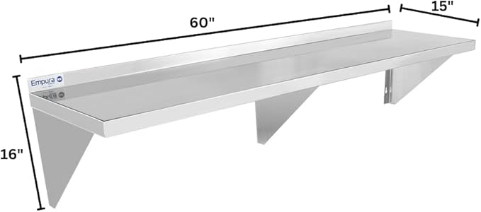 Empura 15" x 60" Stainless Steel Wall Mount Shelf with Backsplash | Commercial Floating Hanging Storage Organizer for Kitchen Laundry Utility Room | 60"W x 15"D x 16"H, 395 lb Capacity, 18 Gauge, NSF