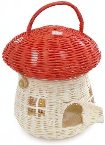KOLWOVEN Mushroom Basket- Mushroom Home Decor Box With lid Shelves- Rattan Mushroom Newborn Photography Props in Tent, Kitchen - Bag for Kid - Wicker Basket Purse (Red Color)