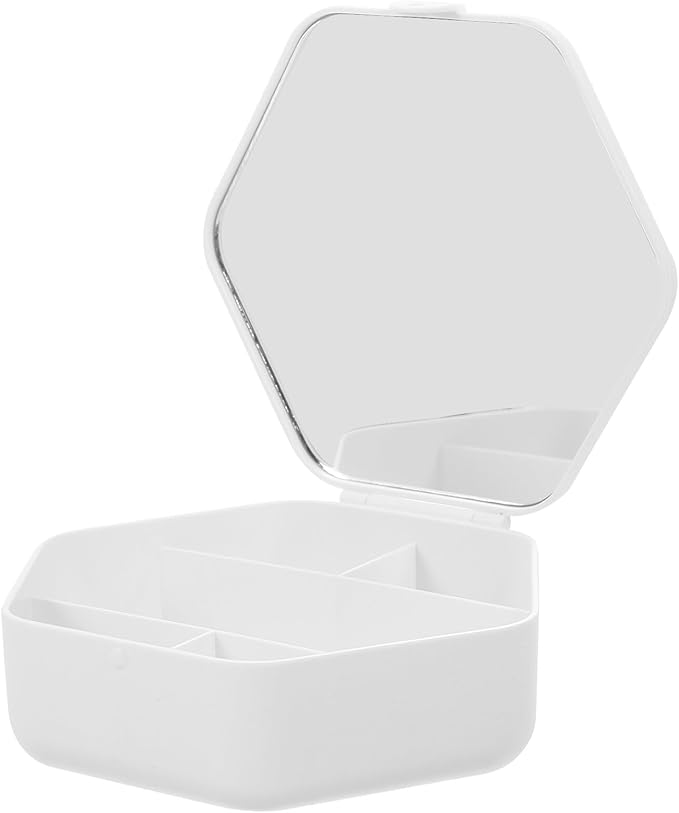 Healifty Travel Jewelry Organizer Box with Mirror Small Portable Makeup Storage Case for Necklaces Bracelets ’ Compact Hexagonal White Jewelry Holder for Travel