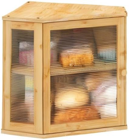 viewcare Corner Bread Box for Kitchen Counter, Bamboo Wood Large Capacity Bread Storage Bin with Acrylic Wavy Door Panel (Natural, Meduim)