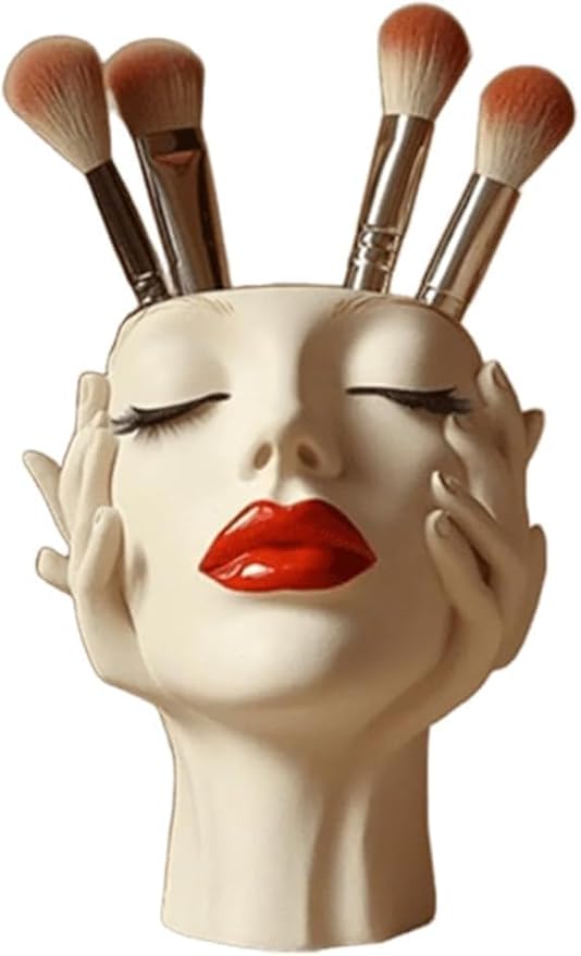 Women's Head Shape Boho Feminist Decoration Body Vase Head Vase Vintage Makeup Brush Holder Boho Makeup Organizer Rotating Makeup Organizer Idealized for Home Decor (B)