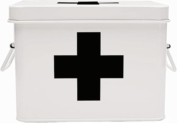 Lassos Boutique Retro Enameled First Aid Box for Medicine Storage and Home Decor with Lid and Removable Tray (White/Black)