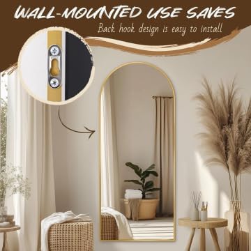 Antok Arched Full Length Mirror, 58"x21" Gold Metal Frame Floor Mirror for Bedroom Living Room, Freestanding/Wall Mount/Leaning