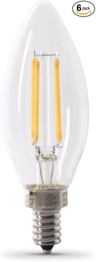 Feit Electric 60W Equivalent Candelabra LED Light Bulb, Dimmable, E12 Base, 2700K Soft White, B10 Filament Torpedo Tip Decorative Lighting Bulbs, 13-Year Lifetime, CTC60/927CA/FIL/6, 6-Pack