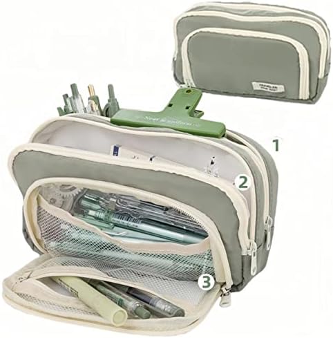 Big Capacity Pencil Case 3 Compartments Large Pencil Pouch Pen Bag Pencil Box Holder Organizer Simple Storage Aesthetic Stationery Cosmetic for Adults Men Women Office Essentials (Green)