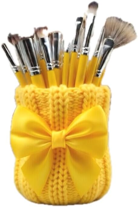 Knitted Bowknot Makeup Brush Holder, Cute Bow Vase, Pen Organizer for Kitchen, Bathroom or Office (Yellow)