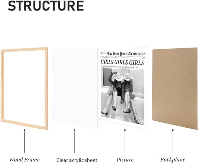 Bwodke OAK Wood Framed Wall Art Girls Just Wanna Have Fun Canvas Art Vintage Newspaper Pictures Western Wall Decor Trendy Cowgirl Prints Black and White Artwork for Girly Dorm Bedroom 8"x10"
