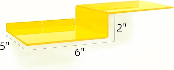 SetGame 2-Pack Acrylic Shelves Z-Shaped Display Stand Wall Mounted, 12 Inch Wall Storage Organizer for Toys, Books, Plants, Photos Album, Suit for Office, Living Room, Room Decor (Yellow)
