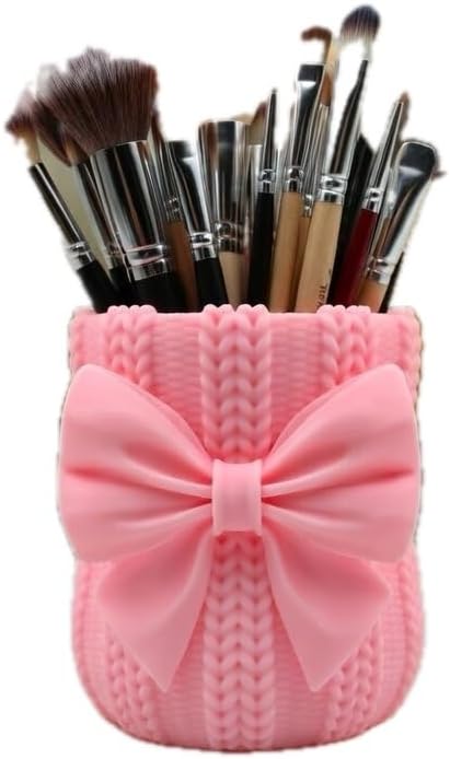 Knitted Bowknot Makeup Brush Holder, Cute Bow Vase, Pen Organizer for Kitchen, Bathroom or Office (Pink)