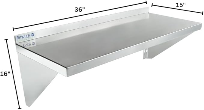 Empura 15" x 36" Stainless Steel Wall Mount Shelf with Backsplash | Commercial Floating Hanging Storage Organizer for Kitchen Laundry Utility Room | 36"W x 15"D x 16"H, 300 lb Capacity, 18 Gauge, NSF