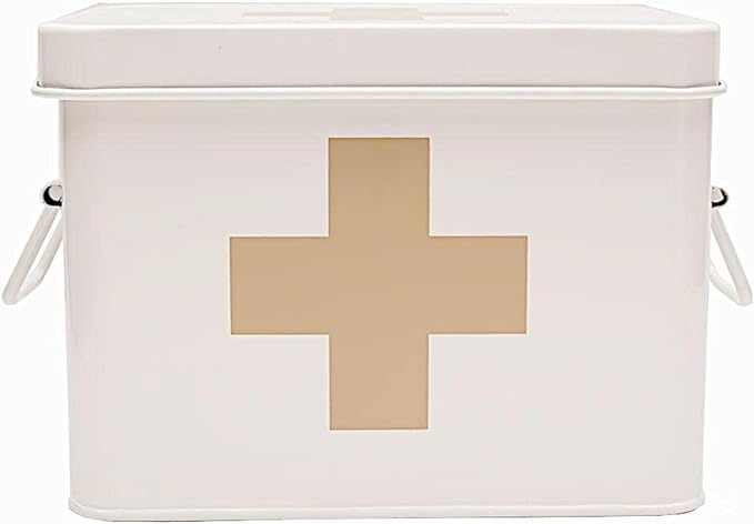 Lassos Boutique Retro Enameled First Aid Box for Medicine Storage and Home Decor with Lid and Removable Tray