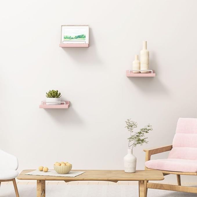RYOFOBETTO Small Floating Shelf, 6X6 Inches Farmhouse Wall Shelves for Living Room, Bedroom, Picture Frames, Plants, Kitchen, Set of 3 (Pink and White)