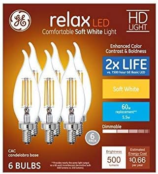 GE Relax 6-Pack 60 W Equivalent Dimmable Soft White Ca12 LED Light Fixture Light Bulbs Decorative Candelabra Antique