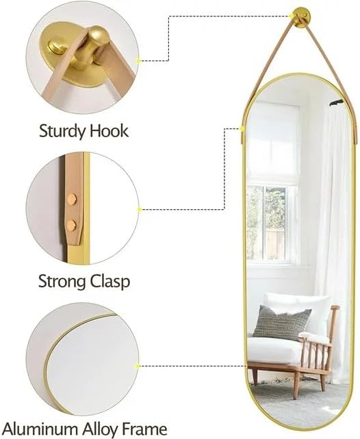 OGCAU 48'' x 16'' Full Length Mirror Wall-Mounted, Full Body Hanging Mirror for Wall and Door in Bedroom, Living Room, Oval with Straps, Hanging with Aluminum Alloy Frame (Oval Gold)