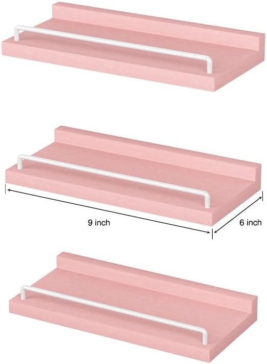 RYOFOBETTO Small Floating Shelf, 6X9 Inches Farmhouse Wall Shelves for Living Room, Bedroom, Picture Frames, Plants, Kitchen, Set of 3 (Pink and White)