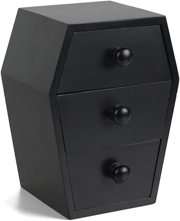 Gothic Coffin Jewelry Organizer -Coffin Vanity Boxes 3-Drawer Spooky Dark Aesthetic Vanity Box, Solid Wooden Black Storage with Compartments for Rings Necklaces Earrings