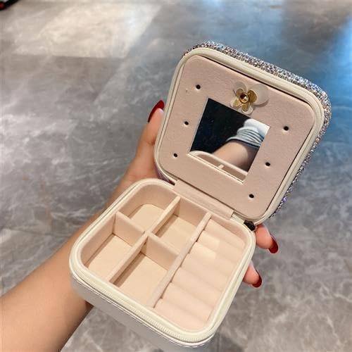 Bling Rhinestone Jewelry Box Case Makeup Organizer Dresser Display Cabinet Travel Portable Leather Partition Storage Box Gift for Sister's mom teacher