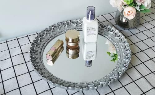 YANIZU Decorative Mirror Tray, Round Hollowed Out Design, Organizer for Makeup, Jewelry, Perfume, Vintage Display and Serving Tray for Dresser, Counter and Coffee Table, 12''X 12'', Silver