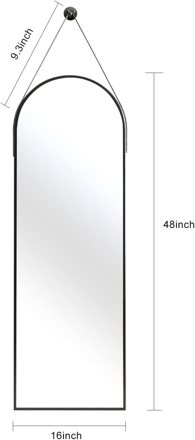 OGCAU 16''x48'' Arched Full Length Mirror for Wall, Full Body Arched-Top Hanging Mirror or Wall Mounted in Bedroom, Living Room, Aluminum Alloy Frame with Straps (Black)