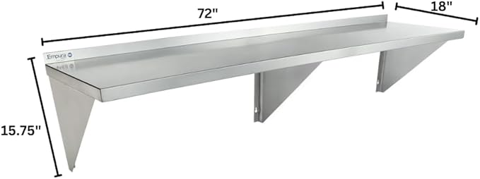 Empura 18" x 72" Stainless Steel Wall Mount Shelf with Backsplash | Commercial Floating Hanging Storage Organizer for Kitchen Laundry Utility | 72"W x 18"D x 15.75"H, 450 lb Capacity, 16 Gauge, NSF