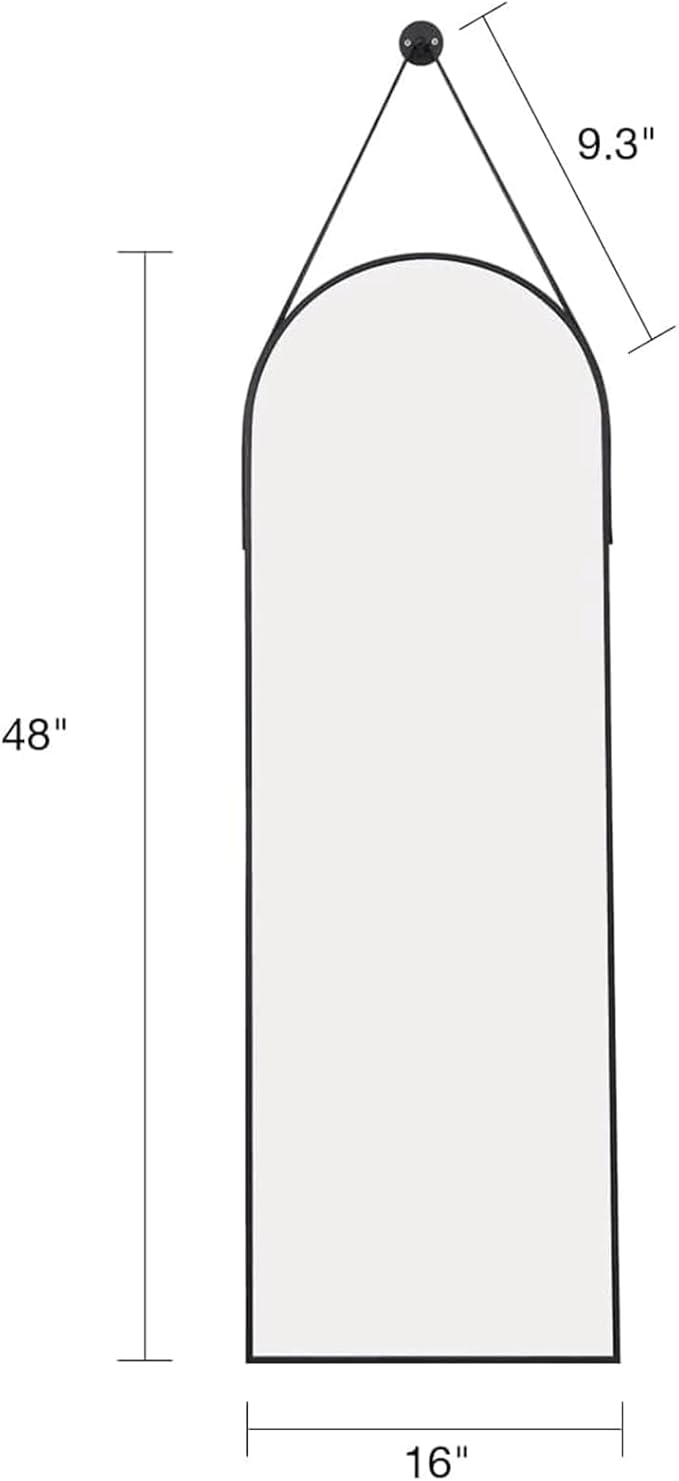 Full Length Mirror, Arched Wall Mounted Mirror, 48"x16" Door Mirrors with Hanging Leather Strap, Wall Mirrors Full Length with Aluminum Frame for Bathroom Living Room Entryway (Black)