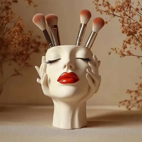 Women's Head Shape Boho Feminist Decoration Body Vase Head Vase Vintage Makeup Brush Holder Boho Makeup Organizer Rotating Makeup Organizer Idealized for Home Decor (B)