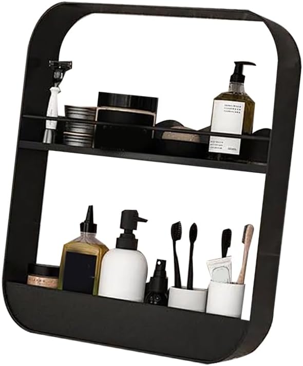 Jerliflyer Wall Mounted Floating Shelves for Bathroom, 2 Layer Carbon Steel Makeup and Cosmetic Organizer Rack