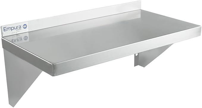 Empura 12" x 24" Stainless Steel Wall Mount Shelf with Backsplash | Commercial Floating Hanging Storage Organizer for Kitchen Laundry Utility Room | 24"W x 12"D x 13"H, 210 lb Capacity, 18 Gauge, NSF