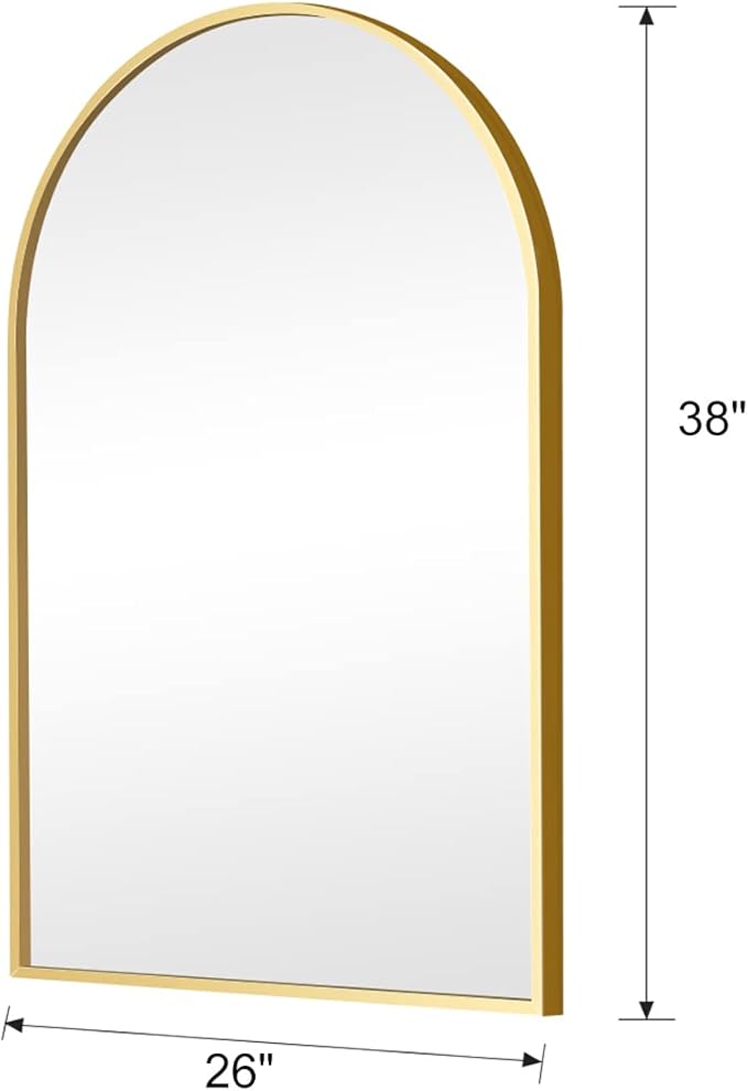 Arched Wall Mirror, Gold Decorative Hanging Mirror, 38"x26" Vanity Mirror Brushed Aluminum Alloy Frame for Bathroom, Bedroom, Living Room, Entryway, Hang Vertical or Horizontal