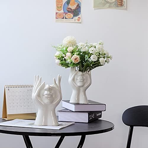 White Ceramic Vase Creative Human Body Art Design Multi Functional Office Desktop Organizer Pen Holder Makeup Brush Holder Home Decor Vase for Flowers Boho Ceramic Vases Stylish Decorative Accent (B)