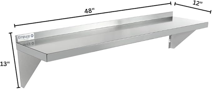 Empura 12" x 48" Stainless Steel Wall Mount Shelf with Backsplash | Commercial Floating Hanging Storage Organizer for Kitchen Laundry Utility Room | 48"W x 12"D x 13"H, 255 lb Capacity, 18 Gauge, NSF